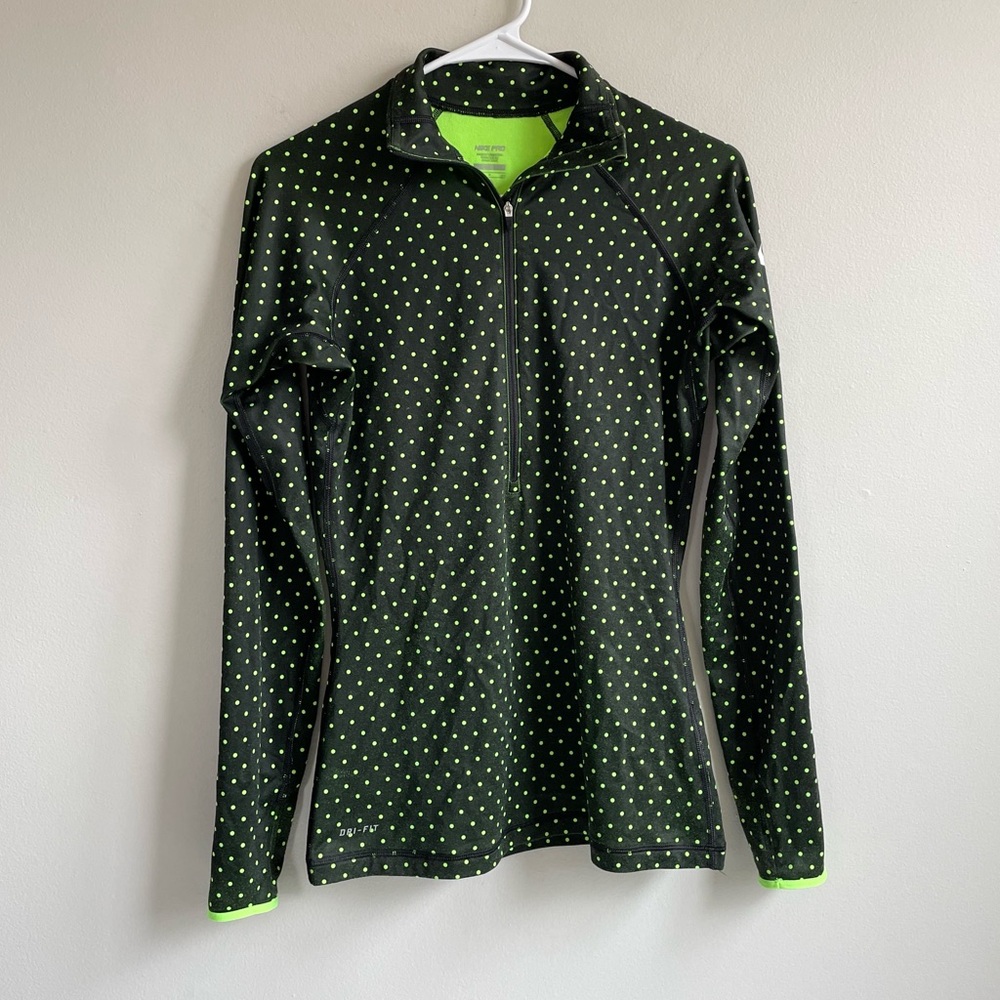 NIKE PRO DRI l-FIT TOP ZIPPER BLACK GREEN POLKA DOTS LONG SLEEVE SMALL